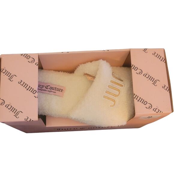 JUICY COUTURE Slippers Furry Slides Cream NEW Women’s 7/8 Medium - Picture 2 of 3